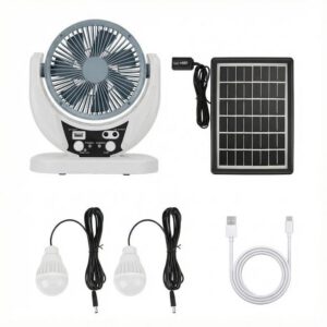 4-in-1 Rechargeable Desk Fan 7-inch+ Solar Panel + Two Light Bulbs + Phone Charging Capability