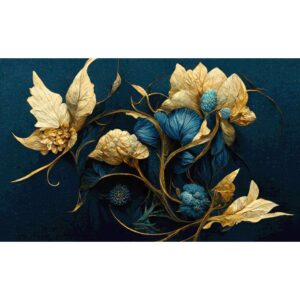 Blue And Gold Floral Art Framed Wall Art Canvas