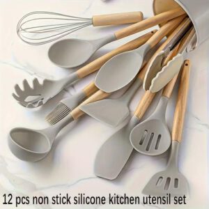 12Pcs Silicone Cooking Utensils Set – Non-Stick, Heat Resistant, Wooden Handle -Khaki